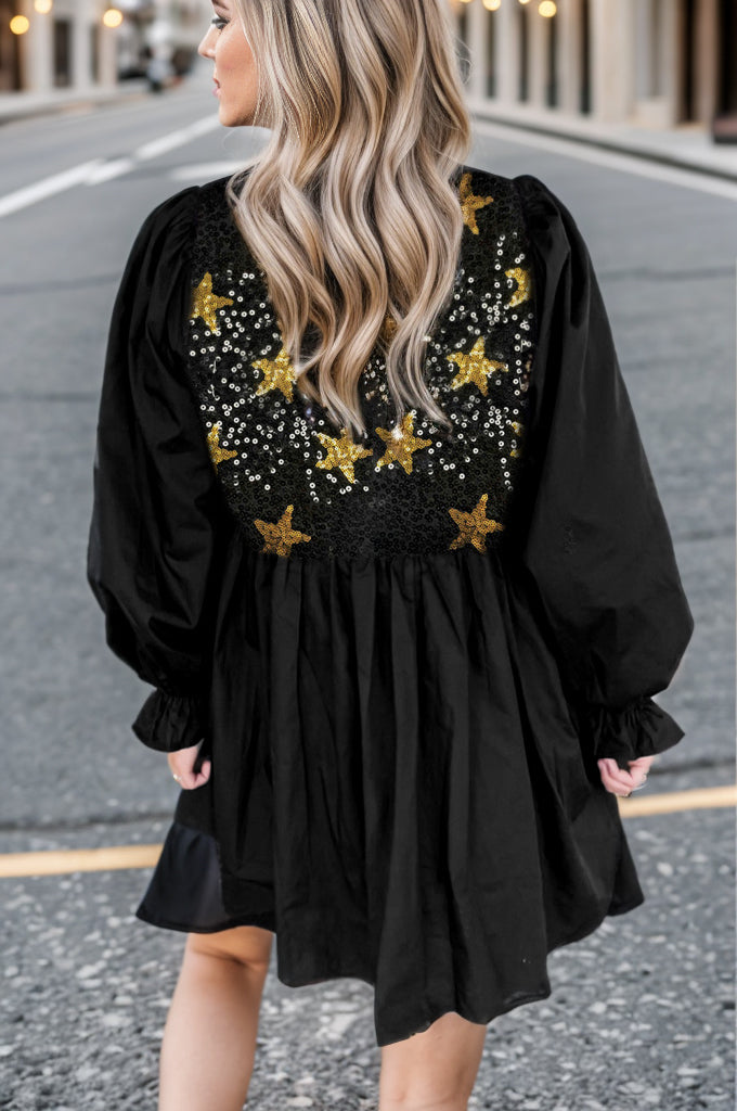 Star Sequin Round Neck Flounce Sleeve Mini Dress