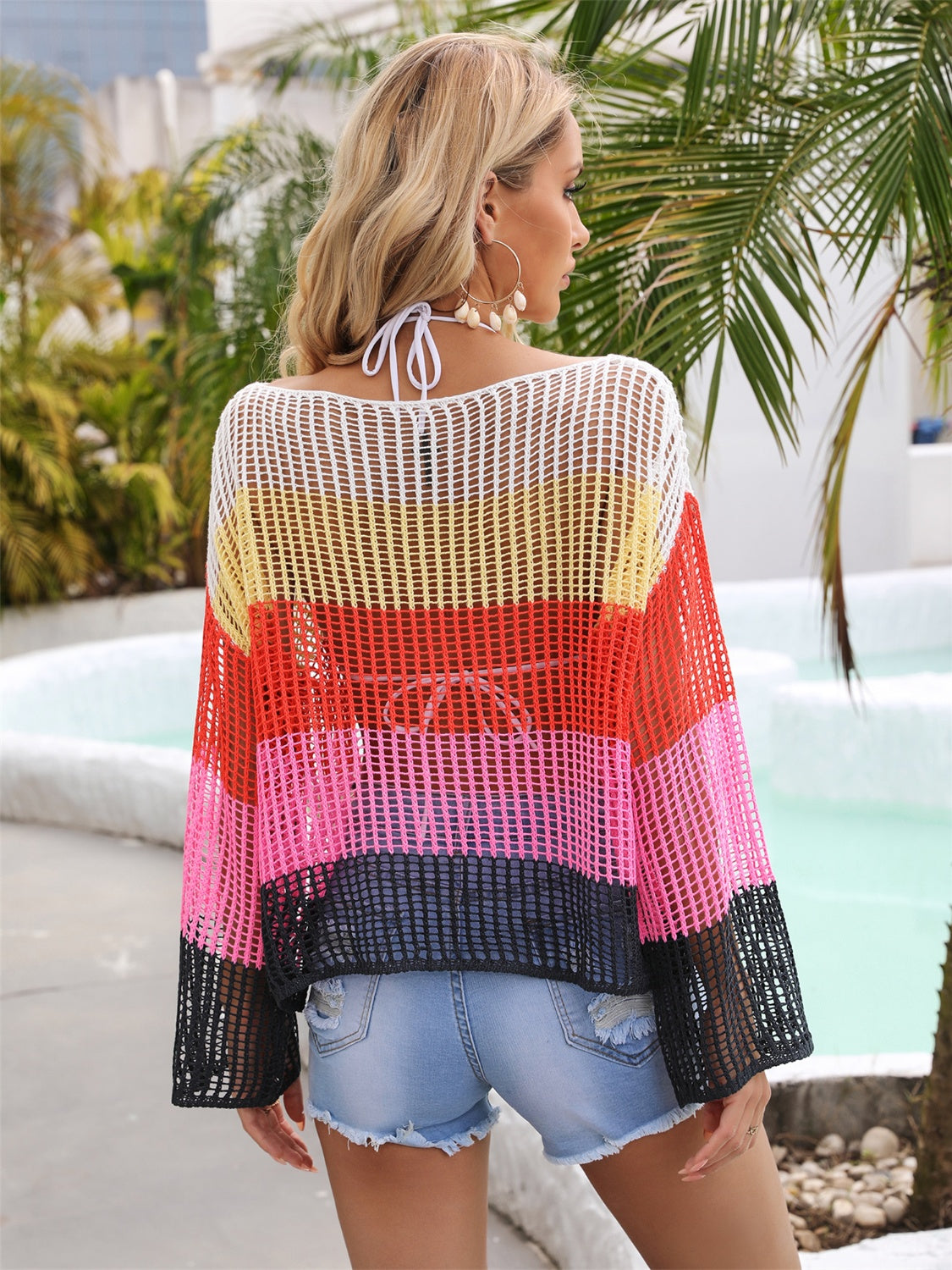 Color Block Openwork Boat Neck Cover Up