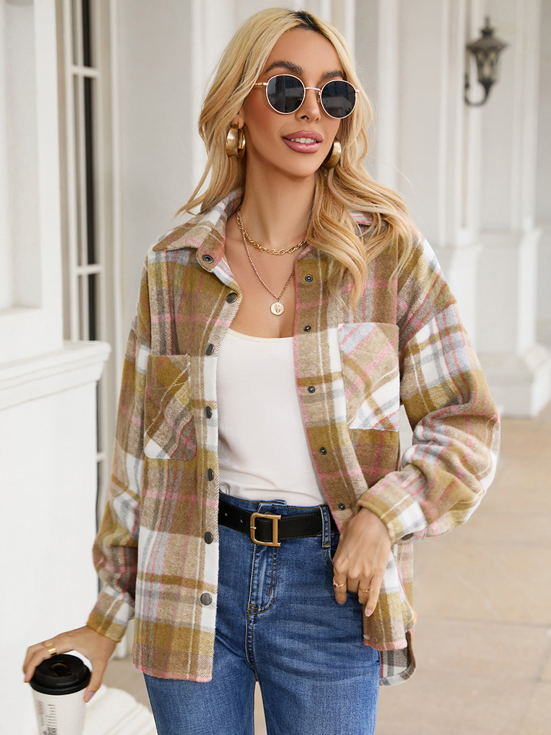 Snap Up Plaid Collared Neck Jacket with Pocket