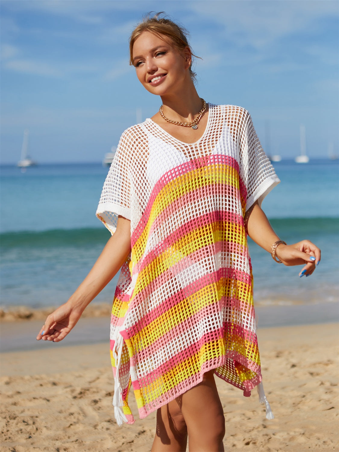 Cutout Striped Cover-Up with Tassel