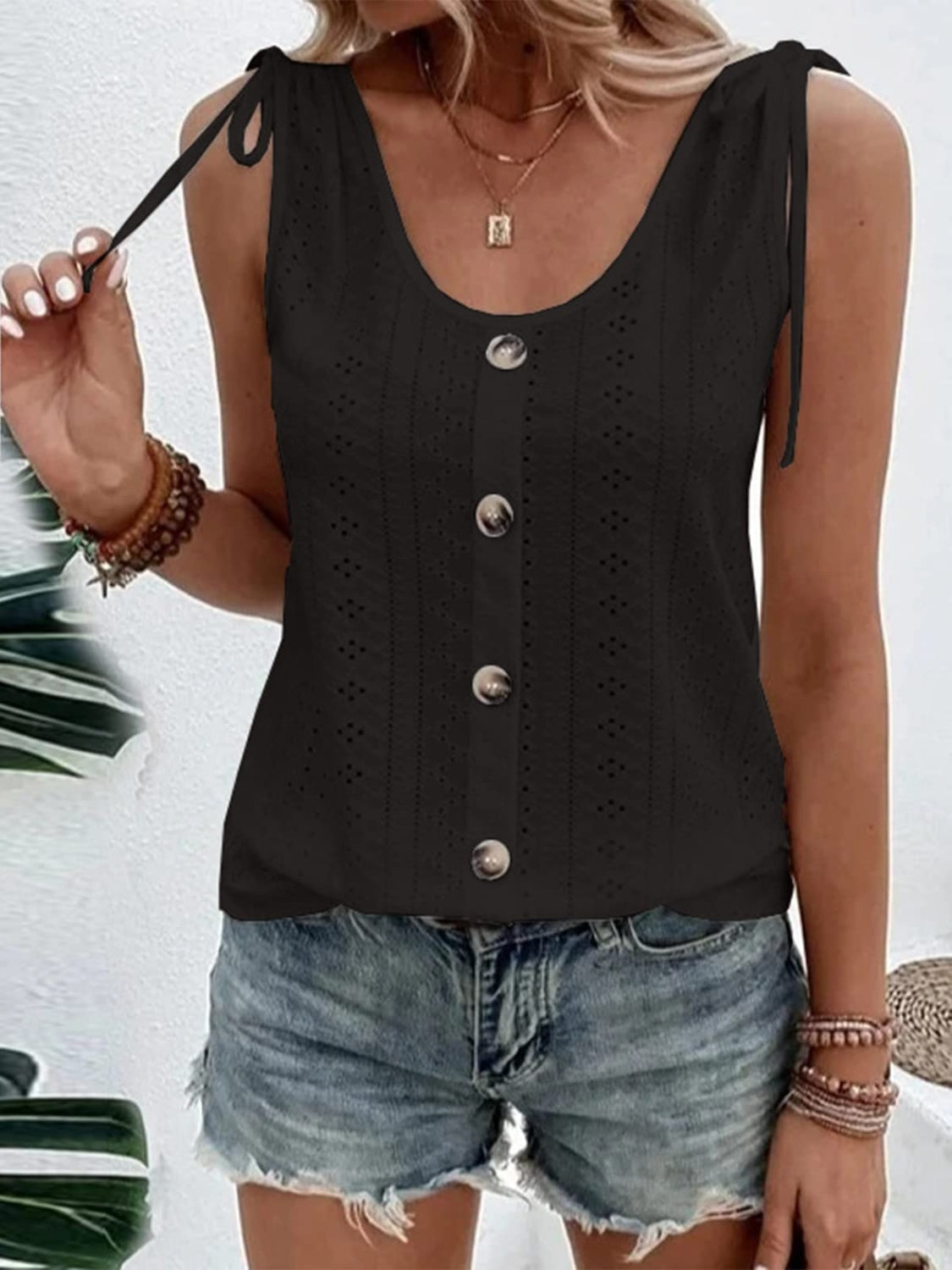 Eyelet Tie Shoulder Scoop Neck Tank