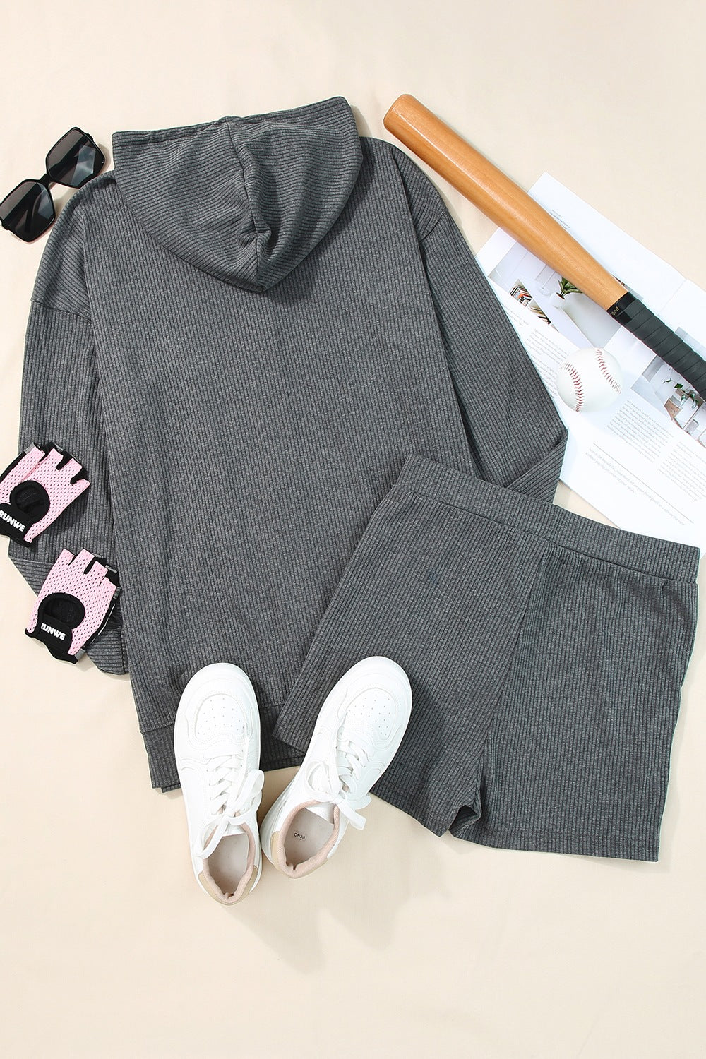 Drawstring Zip Up Sweatshirt and Shorts Set