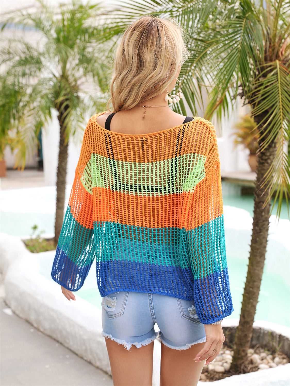 Color Block Openwork Boat Neck Cover Up